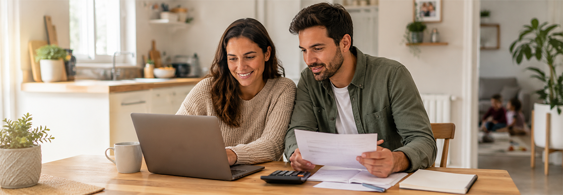 Couple reviewing expenses at the kitchen table